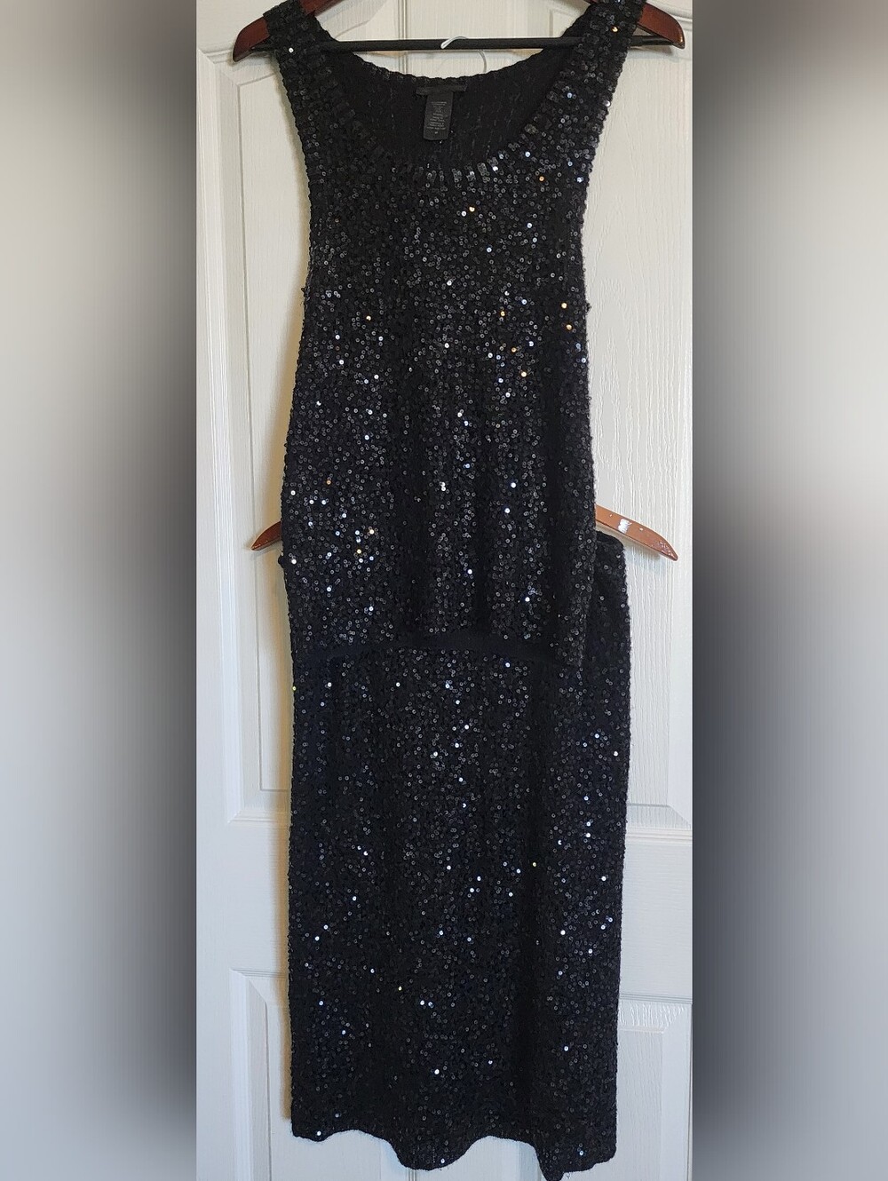 ✨️Donna Karan Black Sequin 2pc Set Cashmere Silk Knit Tank Top & Midi Skrt L Vtg